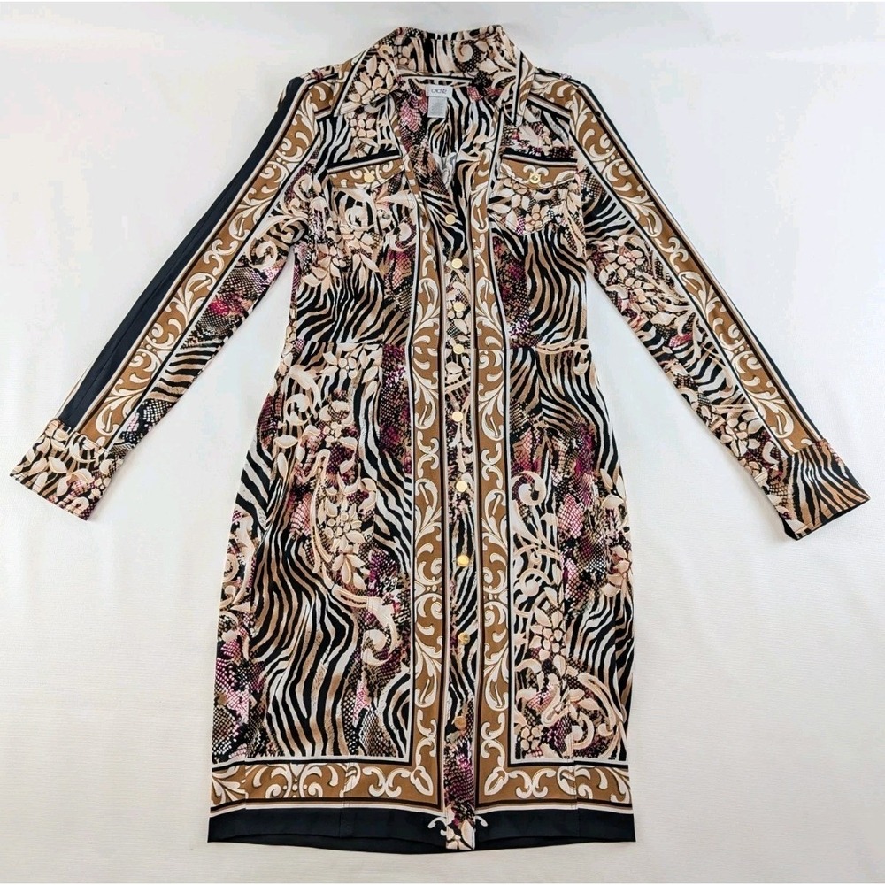 Cache Animal Print Baroque Dress Sz 4 Long‎ Sleeve Button Front Gold Accent